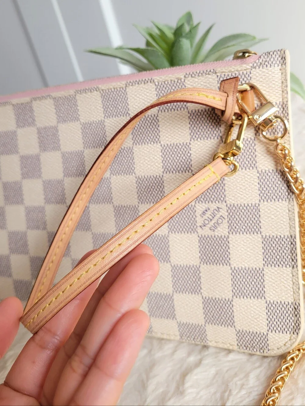Louis Vuitton Neverfull Mm Clutch Wristlet Damier Azur Rose Ballerine